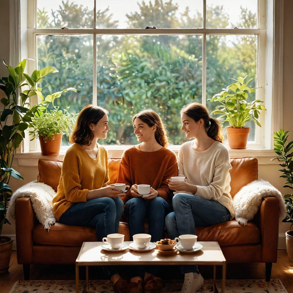 A warm and cozy scene depicting two individuals sitting together on a comfortable couch, sharing a heartfelt conversation over a steaming cup of tea. Soft sunlight streams through a window adorned with plants, creating a nurturing and inviting atmosphere. The background features subtle hints of personal touches like family photos and art, symbolizing connection. The overall mood is intimate and supportive, encouraging the viewer to reflect on their own relationships. super-realistic. warm colors. soft focus.