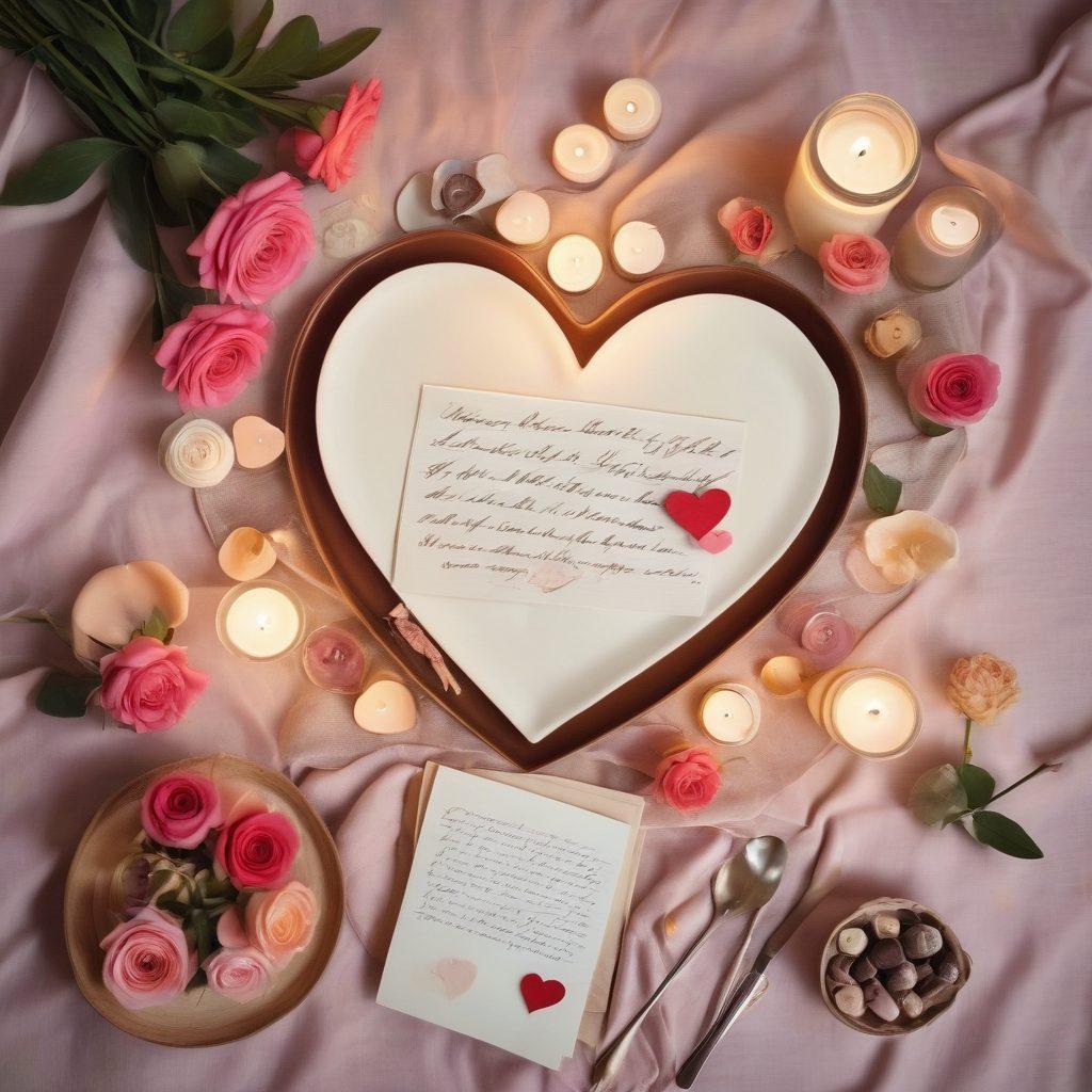 A romantic collage depicting a cozy candlelit dinner, a handwritten love letter, whimsical date ideas like a picnic in the park, and heart-shaped gestures like flowers and chocolates. Soft, dreamy lighting creates an intimate atmosphere, blending these elements together in a heart shape to symbolize love. pastel colors. soft focus.