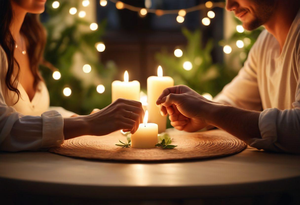 A warm, cozy setting featuring a couple holding hands over a candlelit dinner, with glowing hearts subtly floating around them. Surround them with soft, romantic lighting and lush greenery in the background, suggesting intimacy and connection. Include a handwritten note on the table that says 'Love Tips'. super-realistic. warm colors. soft focus.